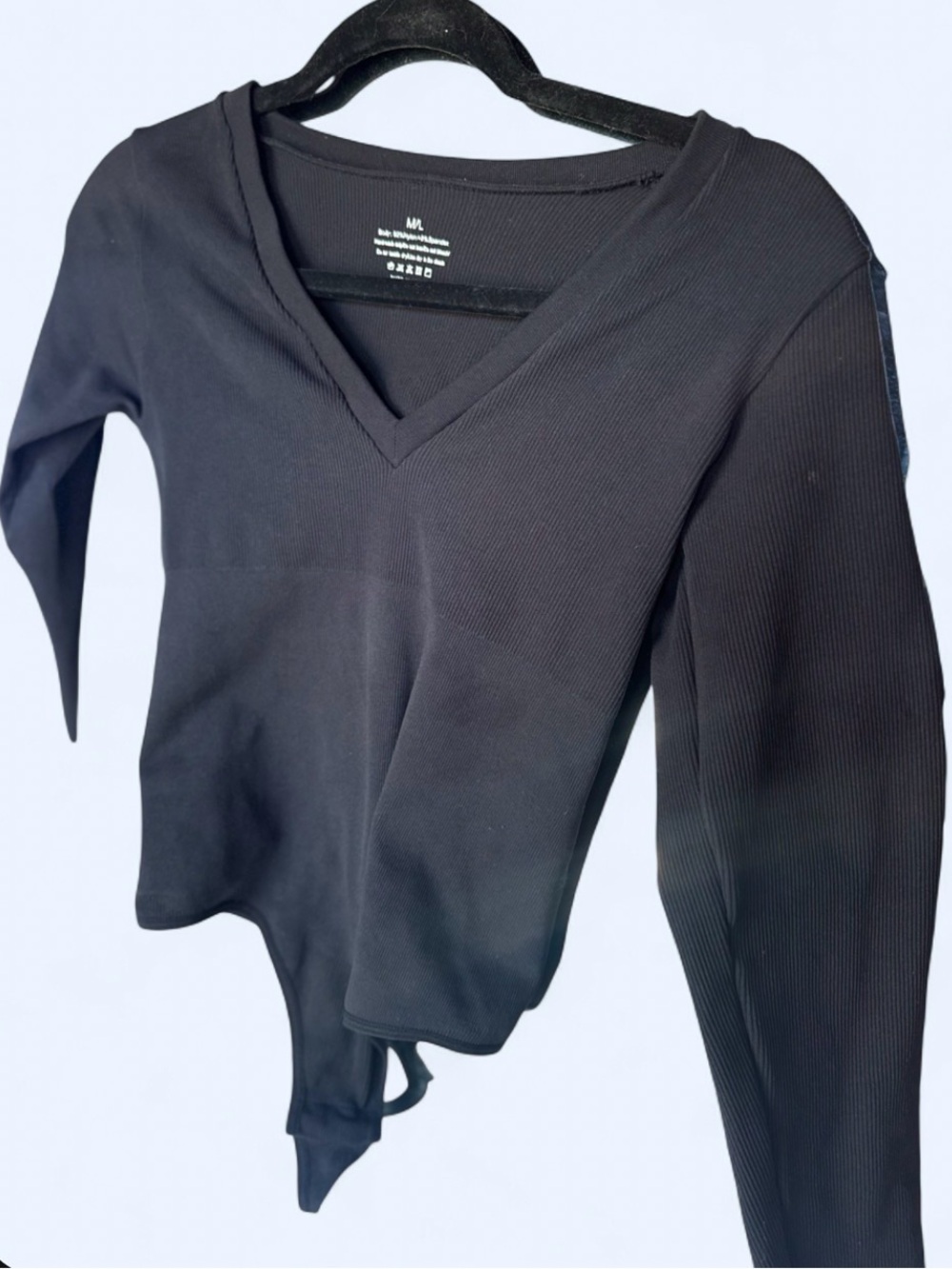 Black V-Neck Long Sleeve Bodysuit - Women Tops